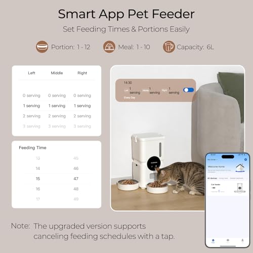 Automatic Cat Feeder for 3 Cats with Slow Feed, 6L Smart WiFi Pet Feeder, 2.4G & 5G Dual-Band, Battery Powered with 15-Day Battery Life, for Cats & Small Dogs (White) - color: White