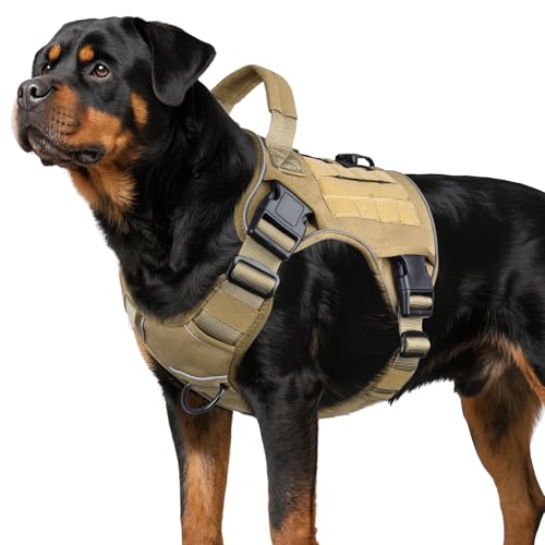 WINGOIN Tactical Dog Harness for Large Dogs, Heavy Duty No Pull Dog Harness with Handle, Adjustable Reflective Military K9 Big Pet Vest for Husky, Doberman, Walking, Training, Hunting, Khaki (XL) - color: Khaqi, size: XL: 70-120 lbs (Chest:29-39",Neck:21-