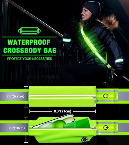 Ylzzrs LED Belt Reflective Sash for Walking at Night,High Visibility Adjustable Night Running Safety Gear,Light Up Running Belt Reflective Gear with Phone Bag/Armband for Runners Walkers Men Women - color: Green