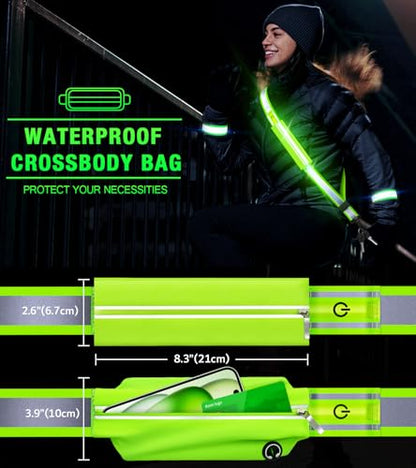 Ylzzrs LED Belt Reflective Sash for Walking at Night,High Visibility Adjustable Night Running Safety Gear,Light Up Running Belt Reflective Gear with Phone Bag/Armband for Runners Walkers Men Women - color: Green