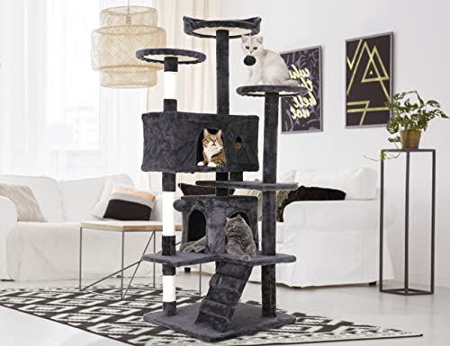 54'' Tall Multi-Level Cat Tree, Furniture With 3 Scratching Posts, 3 Stand Platforms, 2 Condos, Tower With Funny Toys, Corner Tree for Large Cats, Dark Grey - color: Dark Grey