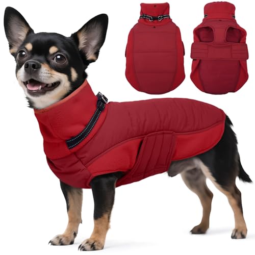 BRKURLEG Dog Winter Coat with Harness Built in, Warm Jacket for Small Medium and Large Dogs, Windproof Turtleneck Fleece Dogs Snowsuit with Hook & Loop, Reflective Christmas Dog Jacket, Red XS - color: Red, size: X-Small
