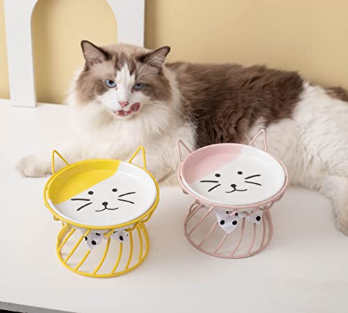 Elevated Cat Bowls with Non-Slip Metal Stand - Raised Food and Water Bowls, Fits Cats & Small Dogs - Dishwasher Safe - color: Yellow