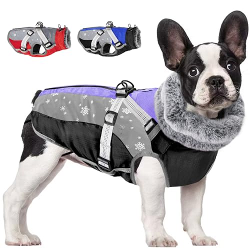 SlowTon Dog Jacket with Harness Built in - Waterproof Fleece Winter Warm Dog Coats for Small Medium Dogs, Reflective Adjustable Furry Puppy Vest Clothes for Outdoor Walking (Purple & Grey, M) - color: Purple & Black, size: Medium (Chest 18.0"-21.0")