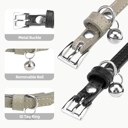 PUPTECK 2 PCS Soft Genuine Leather Cat Kitten Collar with Bells Adjustable for Girl Boy Cats Puppy - Black, Khaki - color: Black&Khaki