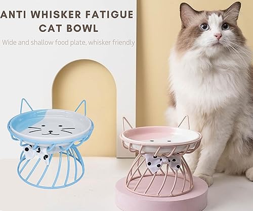 2PCS Ceramic Shallow Cat Food Dishes with Non-Slip Mat, Elevated Cat Food Bowl with Raised Metal Stand, Small Dog Bowl, Whisker Fatigue Pet Food Plate, Dishwasher Safe - color: Pink+Blue