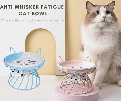 2PCS Ceramic Shallow Cat Food Dishes with Non-Slip Mat, Elevated Cat Food Bowl with Raised Metal Stand, Small Dog Bowl, Whisker Fatigue Pet Food Plate, Dishwasher Safe - color: Pink+Blue