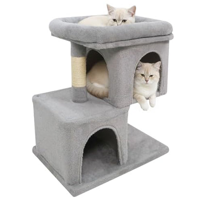 Tangkula Small Cat Tree for Indoor Cats, 25.5 Inch Cat Tower with Sisal Scratching Posts, 2 Large Cat Condos with Padded Top Perch, Modern Cat Climbing Furniture for Adult Cats & Kittens (Light Gray) - color: Light Gray