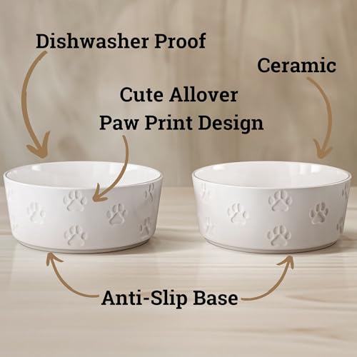 Ceramic Dog Bowl Set of 2 with Anti-Skid Base - 6.5" Wide x 2.5" Tall Ceramic Dog Bowls Medium Sized Dogs - 3.8 Cup Capacity Food and Water Bowls for Dogs - Rubber Bottom Pet Bowl Set of 2 Medium Size - color: White, size: Medium