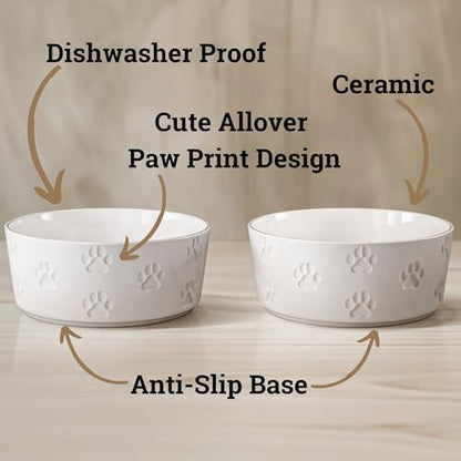 Ceramic Dog Bowl Set of 2 with Anti-Skid Base - 6.5" Wide x 2.5" Tall Ceramic Dog Bowls Medium Sized Dogs - 3.8 Cup Capacity Food and Water Bowls for Dogs - Rubber Bottom Pet Bowl Set of 2 Medium Size - color: White, size: Medium