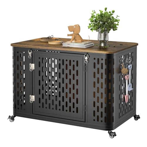 ONBRILL Dog Crate with Cushion, 38" Wood Heavy Duty Dog Crate Furniture with Flip Top & Wheels for High Anxiety Dog, Escape Proof Pet Cage for Small/Medium Dogs - size: 38.2"L x 27.2"W x 24.4"H