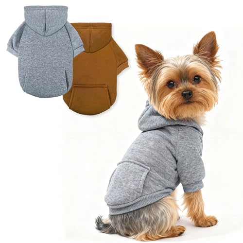 Pet Hoodie Dog Sweater for Small Dogs Girl Boy, Winter Puppy Sweatshirts with Pockets Hood, Warm Fleece Lined Dog Clothes Chihuahua Coat Clothing Puppy Cat Custume, Large - color: Coffee+Grey, size: Large
