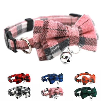 Pink Plaid Bow Kitten Collar with Bell, Breakaway Puppy Collar Bell with Bowtie Christmas Dog Collars Female for XXS Xs Small Tiny Little Pet Dogs Girl Kitten, for Hoilday Birthday Party - color: Pink Plaid