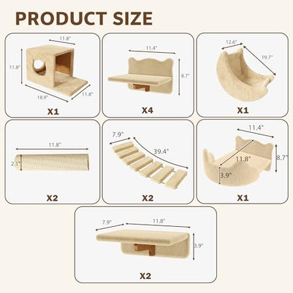13-in-1 Cat Wall Shelves, Wall Mounted Cats Furniture Set with Plush Fabric, Cat Climbing Wall Systems, Cats Shelf with Moon Hammock, Condo, House, Step, Bridge Ladder, Scratching Post, Beige - color: Beige, size: 13-in-1
