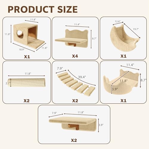 13-in-1 Cat Wall Shelves, Wall Mounted Cats Furniture Set with Plush Fabric, Cat Climbing Wall Systems, Cats Shelf with Moon Hammock, Condo, House, Step, Bridge Ladder, Scratching Post, Beige - color: Beige, size: 13-in-1