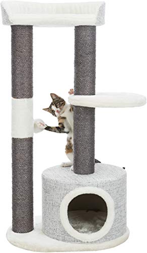 TRIXIE Pilar Cat Scratching Post 39.4 Inch - with Durable Sisal Rope (Gray) and Condo, Two Platforms, Top Platform with Backrest & Dangling Cat Toy - in Gray - color: Pilar