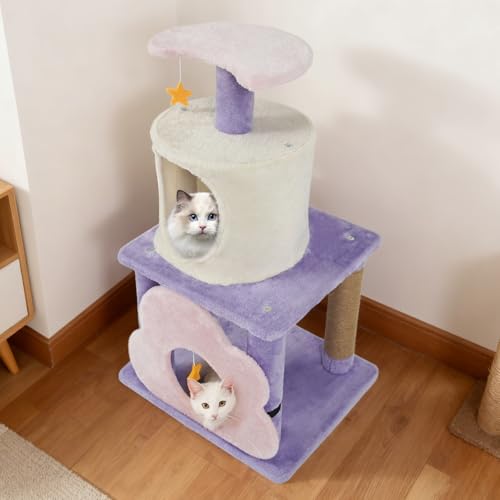 PETSITE 31.5-inch Cute Cat Tree, Multi-Level Small Cat Tree with Scratching Posts, Condo, Star-Shaped Dangling Toys, and Top Perch, Star, Moon & Cloud Elements Mixed, Ideal for Indoor Cats (Purple) - color: Purple
