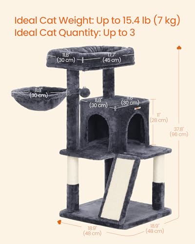 Feandrea Cat Tree, 37.8-Inch Cat Tower, Multi-Level Condo with Widened Perch, Scratching Posts and Ramp, 2-Door Cave, Hammock, Smoky Gray UPCT51G - color: Smoky Gray