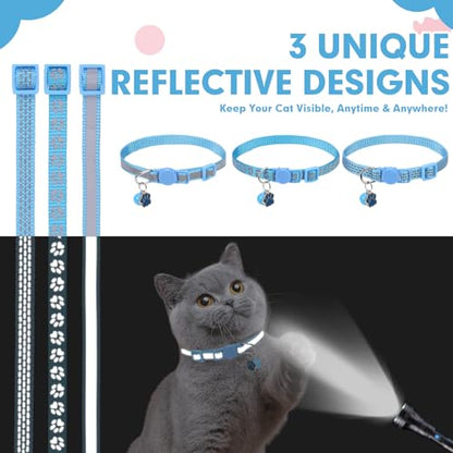 BINGPET Reflective Cat Collar Breakaway with Bells,3 Pack Kitten Collar for Girl Boy Cats with Cute Pendant Glow in The Dark,Adjustable 8''-11.8'',Blue - color: Reflective(Blue)-3pcs