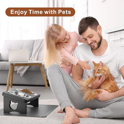Elevated Cat Bowls with Silicone Mat, 15° Tilted Solid Wood Stand, Raised Stainless Steel Food & Water Dishes for Cats and Small Dogs, Anti-Vomiting Design(Black) - color: Black