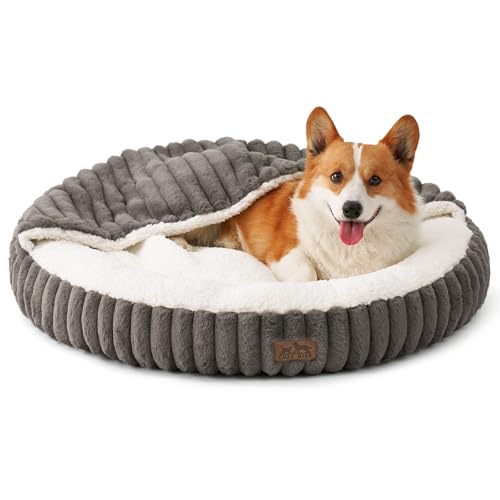 Dog Bed with Hooded Blanket, Round Fluffy Anti-Anxiety Pet Bed for Small Dogs & Medium Dogs, Cozy Donut Cuddler with Machine Washable Faux Fur & Anti-Slip Bottom(26"×26"×7",Grey) - color: Grey, size: 26"×26"×7"