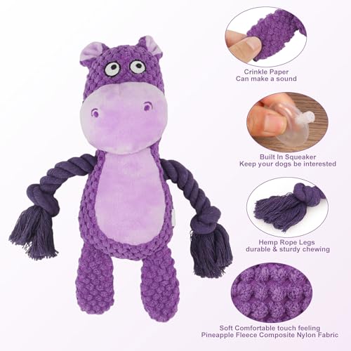 Dog Toys, Dog Squeaker Toys with Crinkle Paper, Stuffed Animal Dog Plush Chewing Toy, Cotton Rope Interactive Toys for Puppy, Small, Middle Dogs (Purple Hippo) - color: Purple