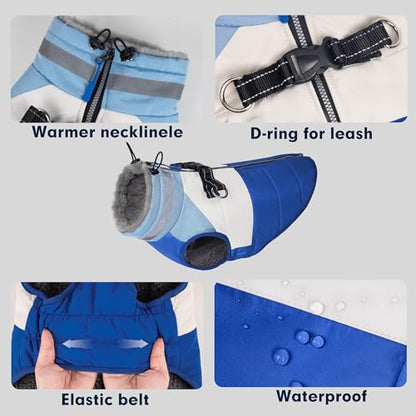 Dog Coat Waterproof Winter Coat for Small Dogs, Warm Fleece Vest with Reflective Strips & Built-in Harness, Windproof Back Zipper, Blue S - color: Blue, size: Small