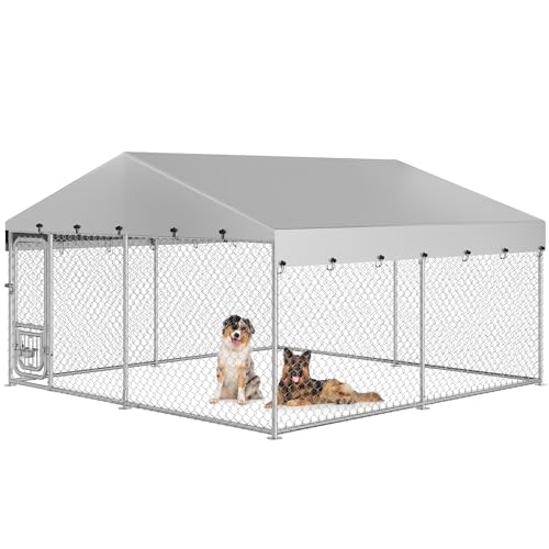 YITAHOME 10'x10' Outdoor Dog Kennel with Rotating Feeder Bowls, Outdoor Dog Enclosure with Roof, Heavy Duty Dog Cage for Large Dogs - color: silver, size: 118.1"L x 118.1"W x 70.8"H