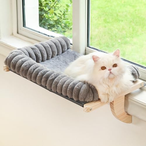 Cloud-Soft Cat Window Sill Perch with Zipper Designed Cushioned Bed, Supportive Cat Window Seat with Premium Solid Wood & Sturdy Metal Frame, Pet Hammock Bed for Large Cats (Large, Gray) - color: Grey, size: Large(24.4''x15'')