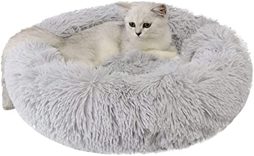 Large Cat Beds for Indoor Cats - Dog Bed Washable 24 inches for Small Medium Dogs, Anti Anxiety Round Fluffy Plush Faux Fur Cat Bed, (Large 24" L x 24" W) - color: Light Grey, size: Large 24"L x 24"W