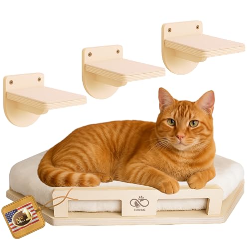 Cat Wall Shelves for Cats & Kitten up to 25 lb – Solid Wood Cozy Corner Bed + Cushion with 2 Washable Covers +3 Wooden Steps, Safe Haven for Indoor Cats, Cat Shelves for Wall, Wood Color - color: Natural Wood