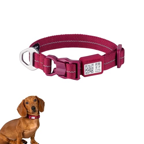 All-Weather Dog Collar Reflective Adjustable Soft Nylon QR Code Anti-Lost Collar Breathable with Quick-Release Buckle Patent Alloy Ring for Small Medium Large Dog (Light-Burgundy, S) - color: Light-Burgundy, size: S