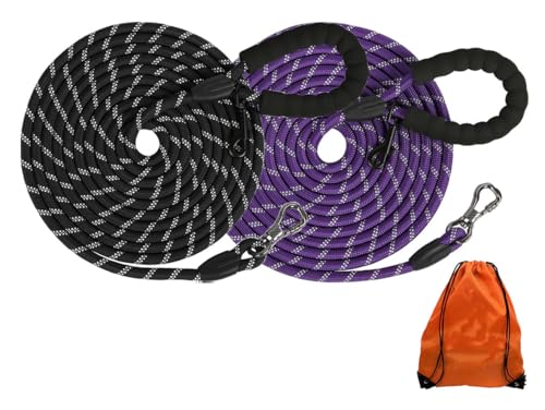 (2 Pack) Long Dog Leash for Dog Training 30FT, Lockable Hook Heavy Duty Dog Lead Tie Out Rope for Large Medium Small Dogs Outside Walking, Playing, Camping, or Yard(Black&Blue) - color: 2 Pack Black&Purple, size: 30FT*3/8 inch