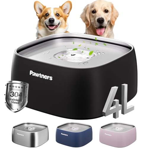 Dog Water Bowl No Spill, 4L Stainless Steel Slow Water Bowl for Dogs with Non-Slip Base, Spill Proof for Medium Large Messy Drinkers, Slow Drinking, Slobber Stopper, No Mess, Black