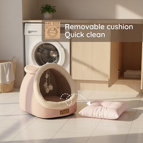 Cat Bed Cave with Hanging Plush – Covered Pet House Tent, Cat Caves for Indoor Cats and Kittens, Soft, Foldable & Cozy Hideaway Hut - Dome Shaped Igloo Bed with Washable Cushion (Medium) - size: Medium