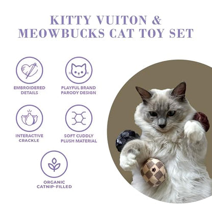 Haute Diggity Kitty Vuiton Checker Balls + Meowbucks Catpuccino Set, Plush Cat Toys Catnip Filled with Interactive Crackle Sound, Safe & Durable Toys for Cat & Kitten, 5 Pcs - style: Kitty Vuiton Checker Balls + Meowbucks Catpuccino