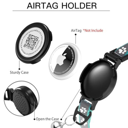 Waterproof Cat Collar with QR TAG & Reflective, Footprints Pattern, Lightweight Kitten Collar for Apple Tag, Hidden GPS Tracker Holder for Cats, Kittens (Teal) (7-12")