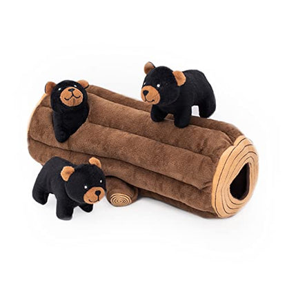 ZippyPaws Burrow- Interactive Dog & Puppy Toys for Boredom, Stimulating Pet Products to Keep Them Busy, Hide & Seek Plush Dog Puzzles, Enrichment Squeaky Toy, for Small & Medium Dogs- Black Bear Log