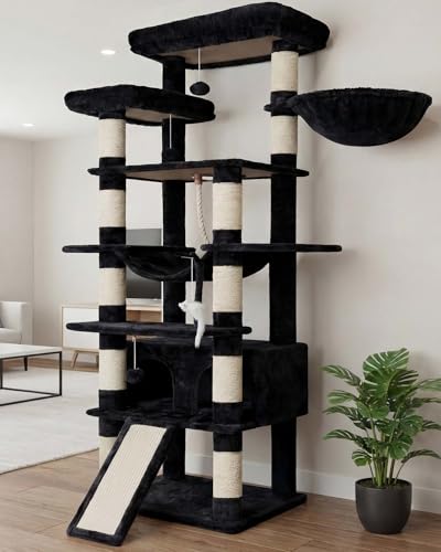 Heybly Tall Cat Tree, 78-inch Multi-Level Cat Tower for Indoor Cats, 2 Widened Plush Perches Cat Condo with Scratching Board and Big Caves, Smoky Gray HCT033G - color: Smoky Gary, size: 79 inch