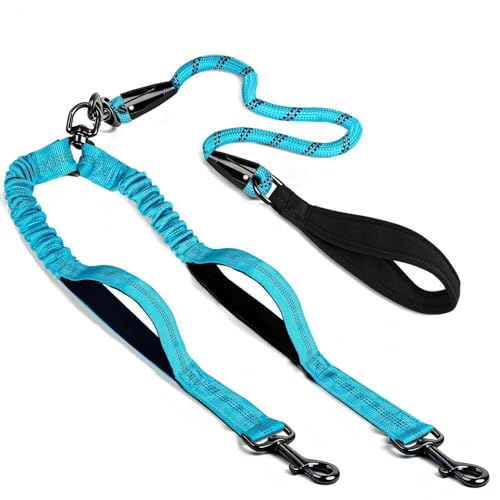 Durable Double Dog Leash Two Dog Leash No Tangle with Padded Handles & Reflective Strips for Medium Large Dogs, Comfortable Shock Absorbing Bungee for Two Dogs 18~120 Lbs - color: Royal blue