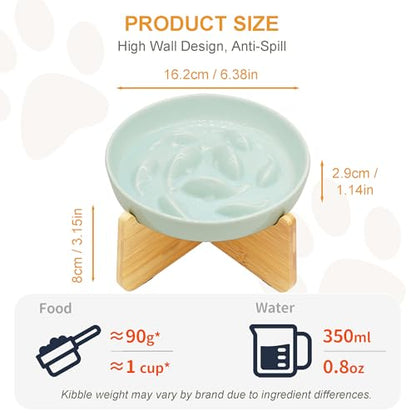 Non-Slip Rubberwood Elevated Cat Feeder Stand - 6.1"x3.5" Detachable Bowl Holder, Ergonomic Anti-Vomiting Raised Pet Dish Stand (Green(Ceramic)-Bamboo Stand) - color: Green(Ceramic)-Bamboo Stand