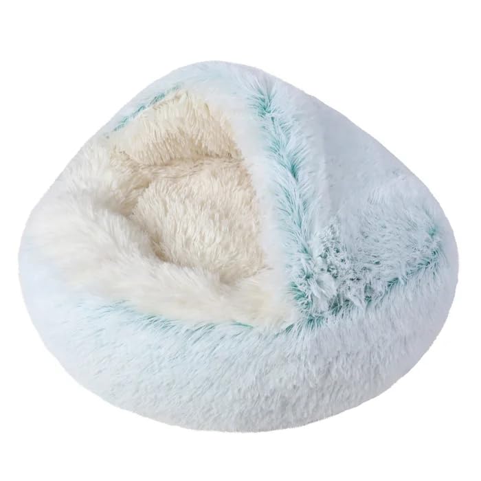 Cat Bed Round Fluffy Hooded Cat Bed Cave, Anti-Anxiety Cave Bed with Hooded Blanket, Cozy Cuddler Luxury Puppy Pet Bed, Anti-Slip Bottom and Machine Washable (Green, Medium) - color: Green, size: Medium