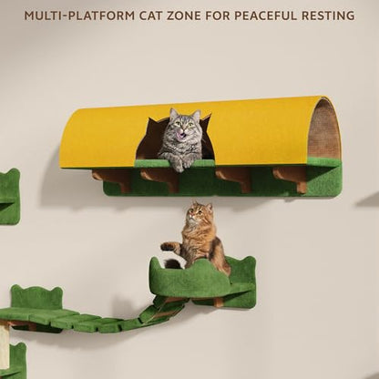 16-in-1 Cat Wall Shelves, Wall Mounted Cats Furniture Set w/Plush Fabric, Cat Climbing Systems, Cats Shelf with 40''L Tunnel, Condos, House, Steps, Bridge Ladder & Scratching Post, Green - color: Green, size: 16-in-1