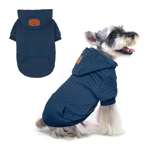 BEAUTYZOO Small Dog Hoodie Sweater with Pockets, Dog Clothes for Small Medium Dogs Boy Girl, Waffle-Like Laminated Pet Coats with Hat and Leash Hole, Navy Blue S - color: Navy Blue, size: S (Back: 12",Chest: 16", Neck: 10")