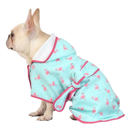HDE Dog Bathrobe Super Absorbent Quick Drying Puppy Towel Wrap Coat Adjustable After Bath Robes with Hood for Dog Sizes S-XXL Flamingos M - color: Flamingos, size: Medium