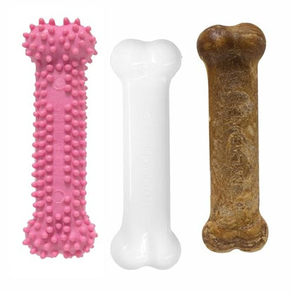 Nylabone Puppy Chew Toys & Natural Treat Triple Pack, Puppy Enrichment Teething Toys, Pink, Chicken & Bacon Flavor, Small Dogs - Up to 25 Ibs, 3 Pack - color: Pink, size: Small