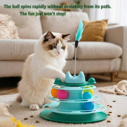 Cat Ball Track Toys, Creative Feather Toy, consisting of 3 Balls and a Feather Stick, Tower-Shaped cat Intelligence Toy, Suitable for Chasing Games with Kittens. (Pink) - color: Pink
