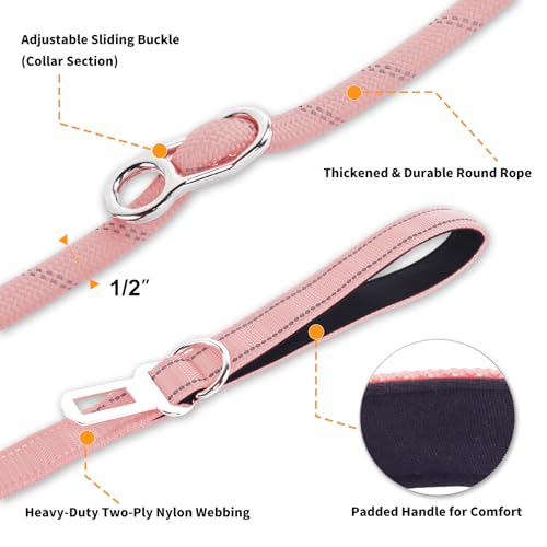6FT Heavy Duty Dog Leash for Small Medium Large Dogs, Tangle Free Reflective Dog Training Leash with Double Handle, Seat Belt Buckle & Poop Bag Holder (Pink) - color: Pink, size: 6FT