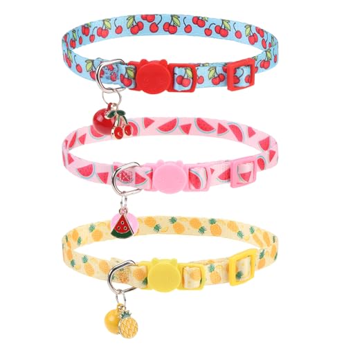 Breakaway Cat Collars with Bell & Cute Pendants, 3 Pack Safety Buckle Kitten Collars, Adjustable Pet Collar Ideal for Girl Boy Cats Puppy (Style A - New Fruit) - color: Style A - New Fruit