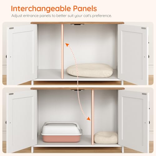 HOOBRO Litter Box Enclosure, Cat Litter Box Furniture with Removable Divider, Hidden Litter Box Furniture, Wooden Cat House, End Side Table, 31" L x 17.5" W x 19.7" H, White and Walnut WH03MW01G2 - color: White + Walnut